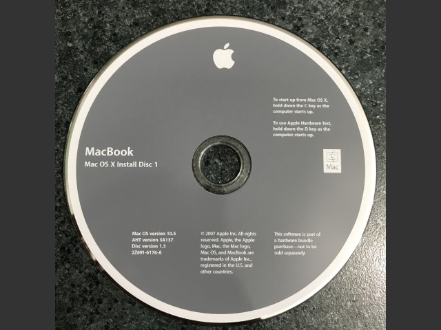 (Missing 691-6147) 691-6176-A,2Z,MacBook. Mac OS X Install Disc 1. Mac OS v10.5. AHT... (2007)