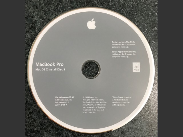 Mac OS X 10.5.2 (Disc 1.1) (MacBook Pro) (AHT 3A136) (691-6199-A) (DVD DL) (2008)