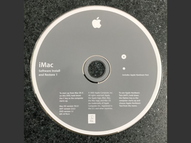 691-4778-A,,iMac. Software Install & Restore Mac OS v10.3.1. AHT v2.0.3. Disc v1.1 2003... (2003)