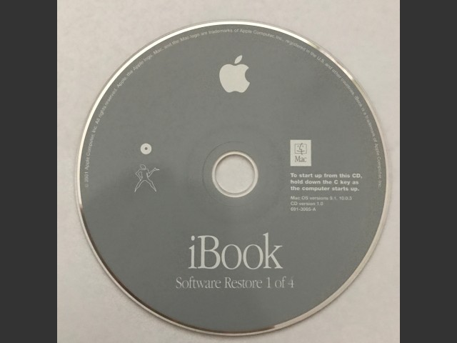 691-3065-A,,iBook. Software Restore (4 CD set) Mac OS v10.0.3, v9.1. Disc v1.0 (CD) (2001)