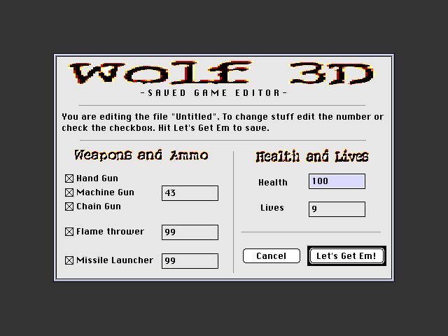 Wolfenstein 3D Saved Game Editor (1995)